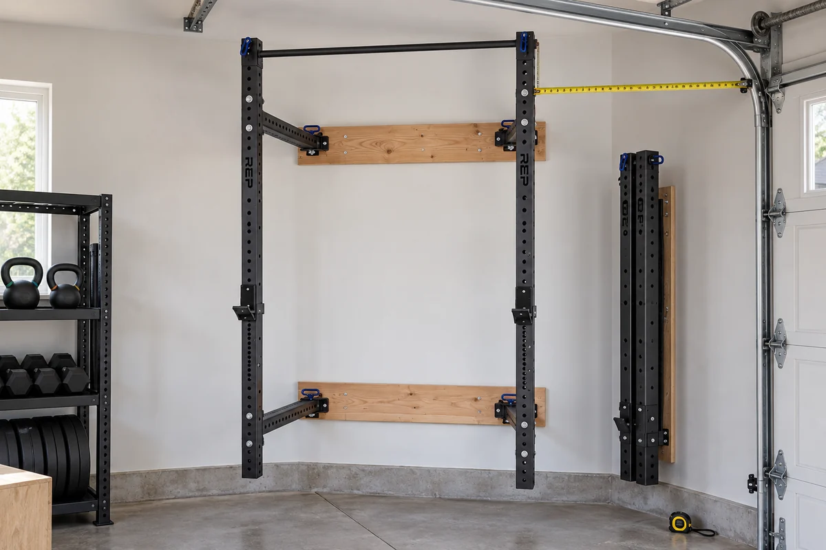 Wall-mounted folding rack with visible studs or approved stringer, ceiling clearance, garage door track and floor protection