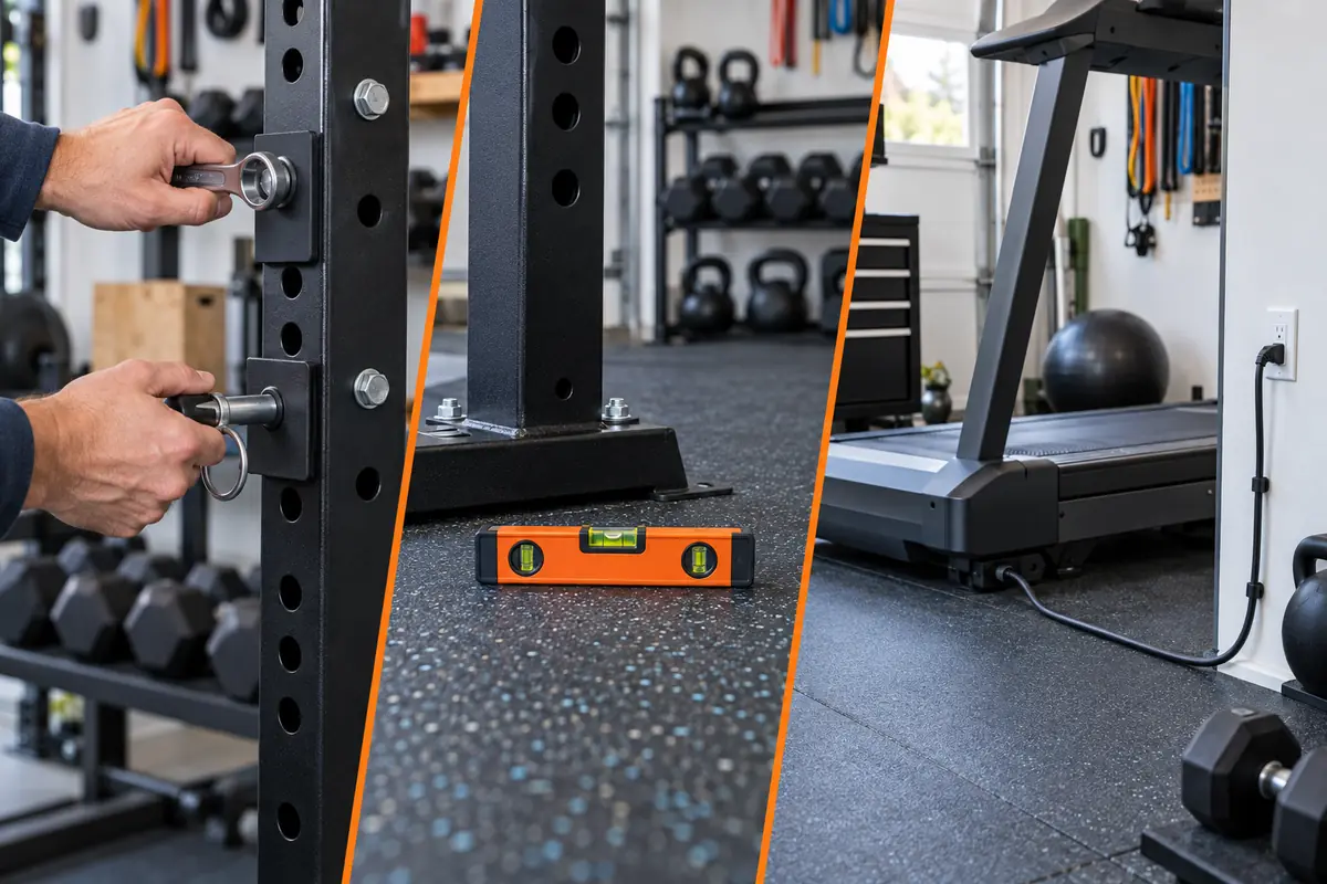 Safety inspection of home gym rack flooring bolts and electrical cord