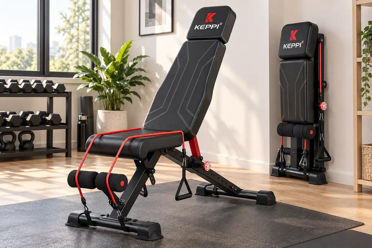 Keppi Bench500 folding adjustable weight bench open beside its stored position