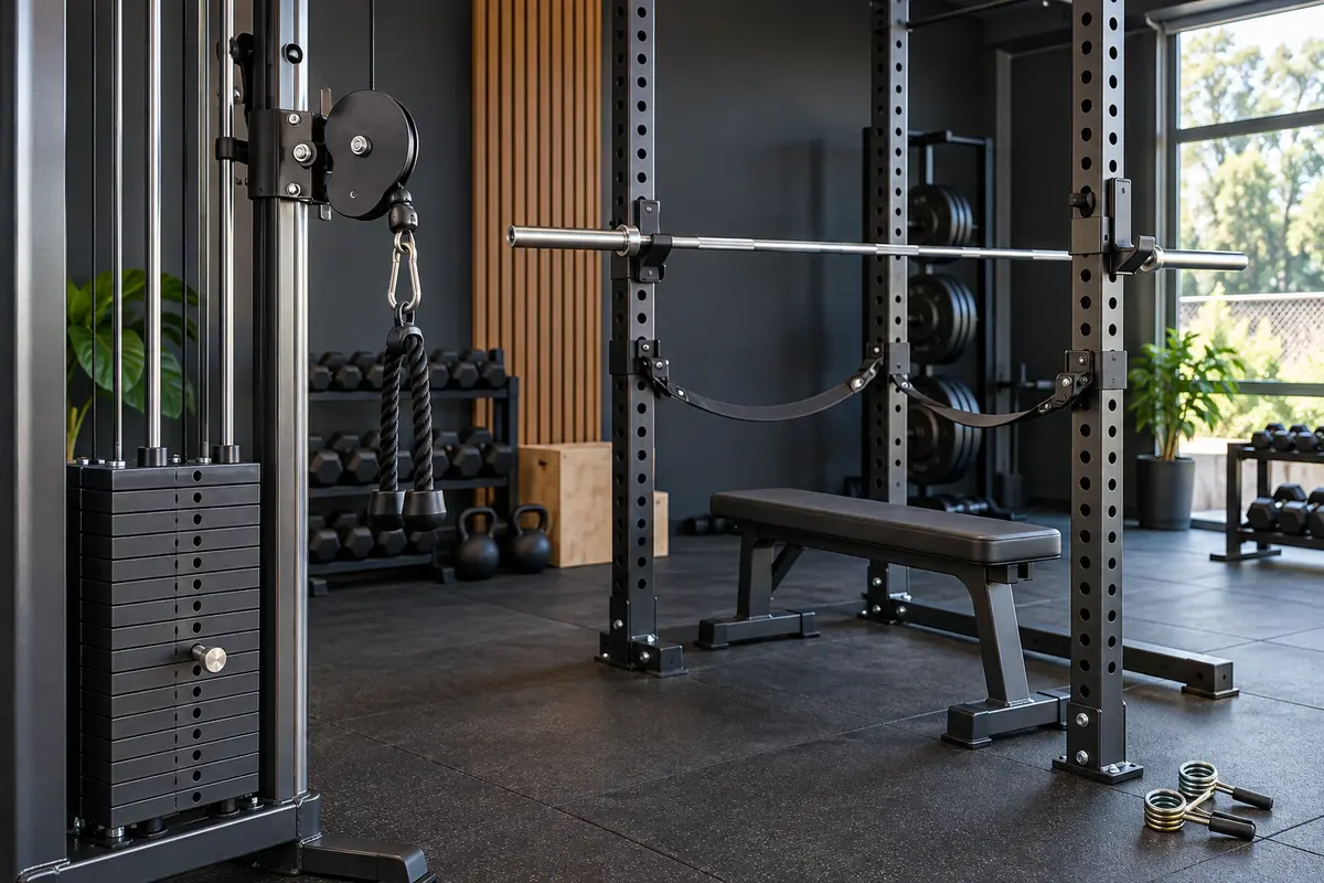 Correct safety setup on a cable machine and a power rack with barbell safeties