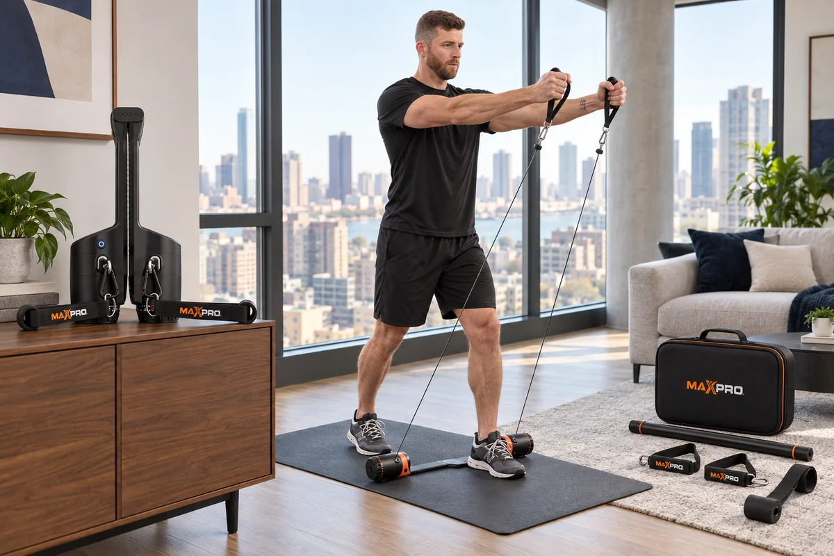 MAXPRO SmartConnect unfolded for cable exercise and folded beside its accessories