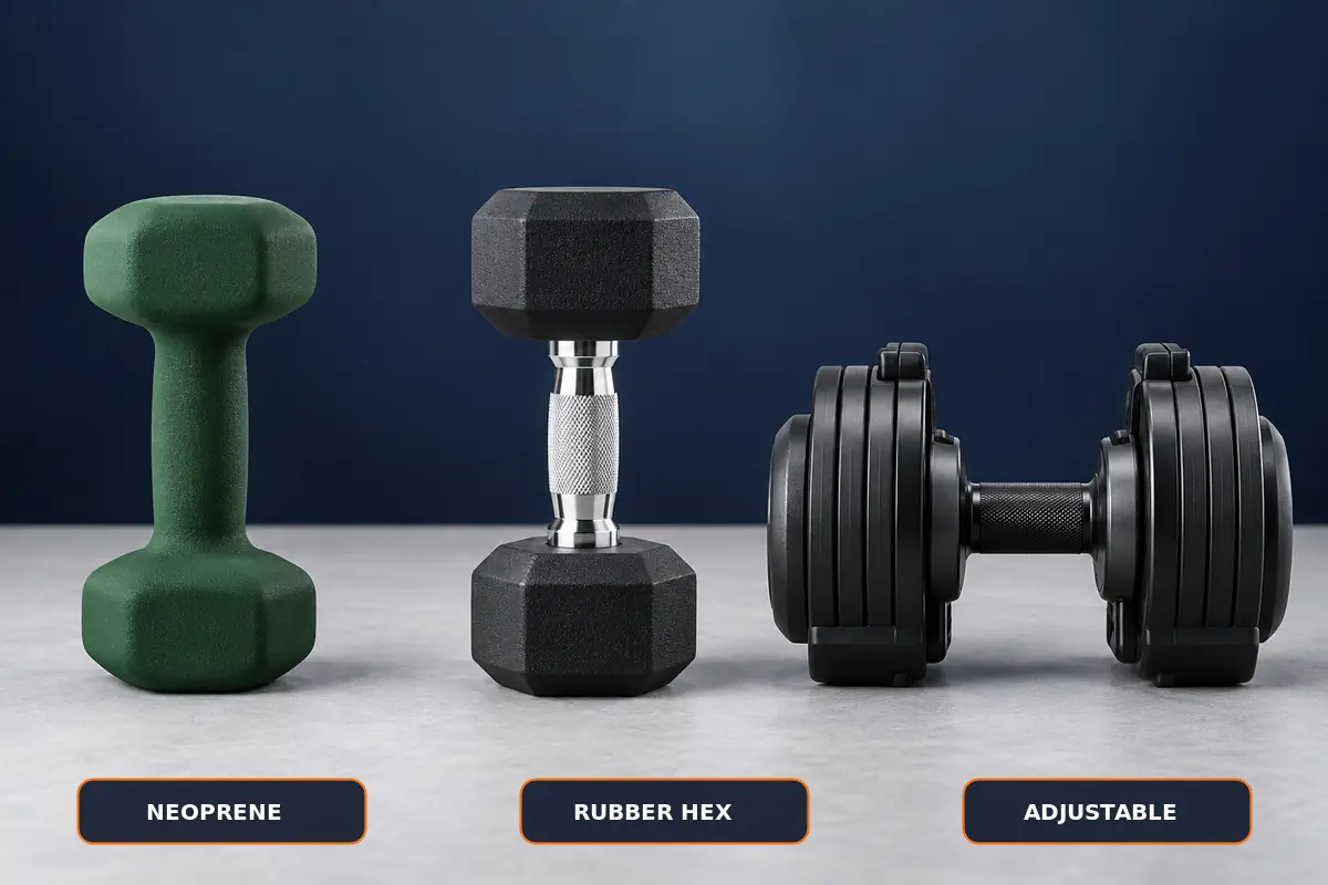 Neoprene fixed dumbbells compared with rubber hex and adjustable dumbbells