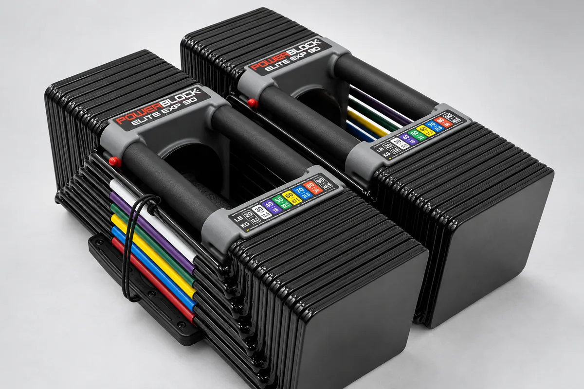 PowerBlock Elite EXP adjustable dumbbells with compatible Elite EXP Stage 2 and Stage 3 expansion kits