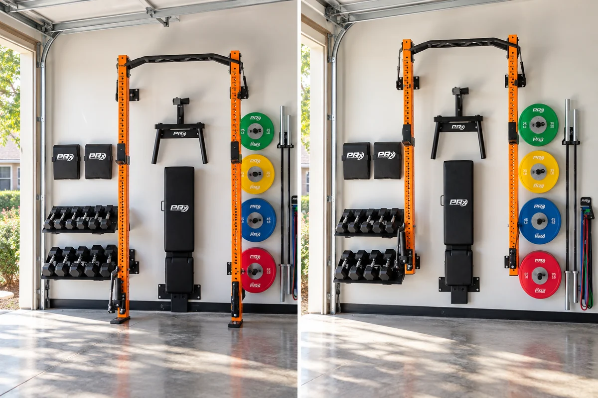 PRx Profile PRO wall rack in open training position and vertically folded position with barbell stored separately