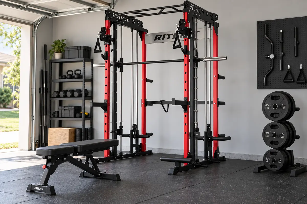RitFit M1 2.0 Smith machine and cable crossover arranged in a budget home gym