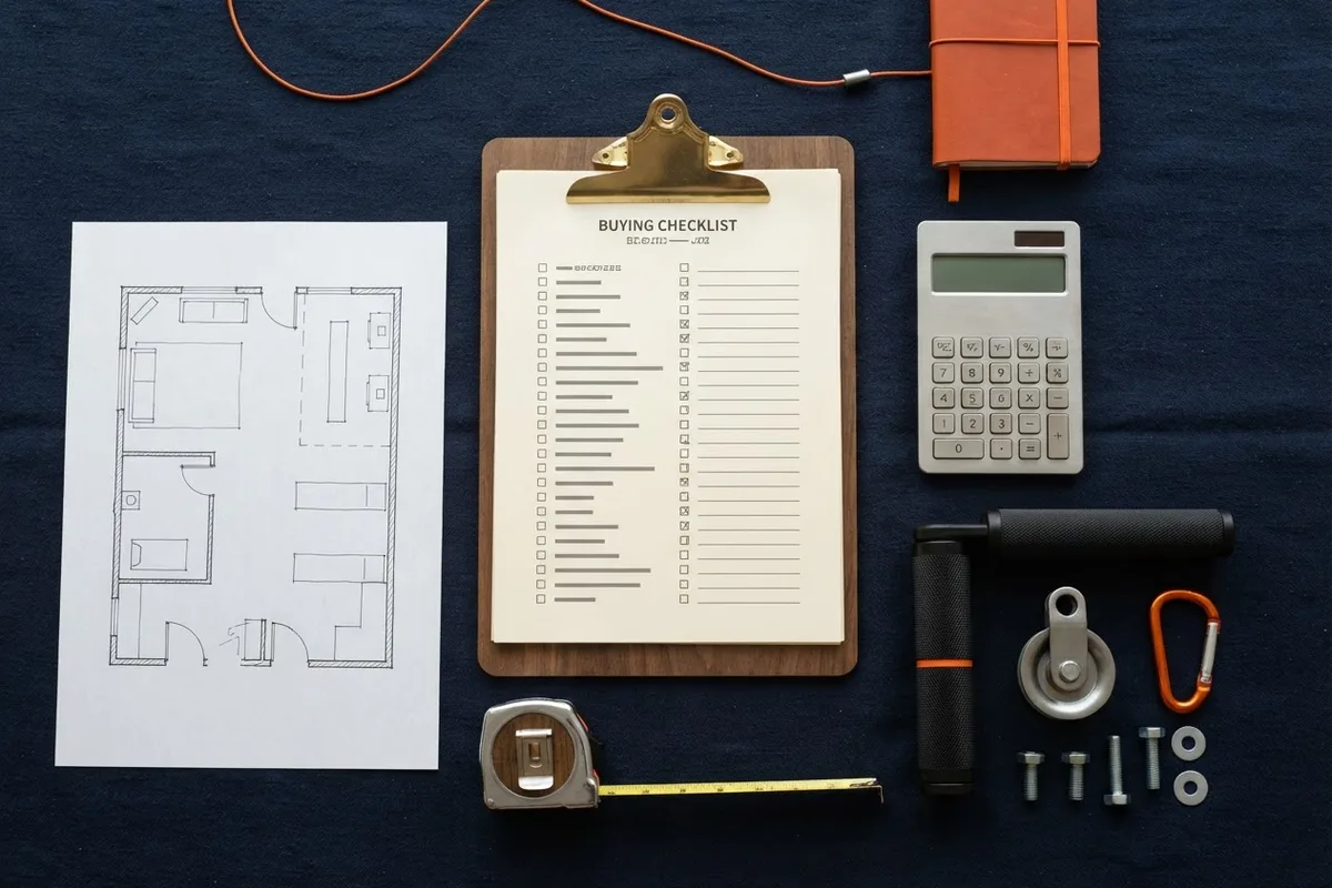 All-in-one home gym buying checklist with measurements and resistance notes