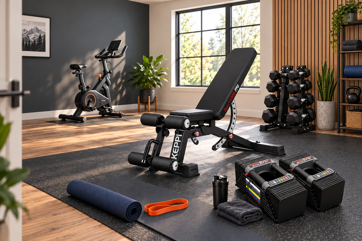 Compact beginner home gym layout organized by training priorities and budget
