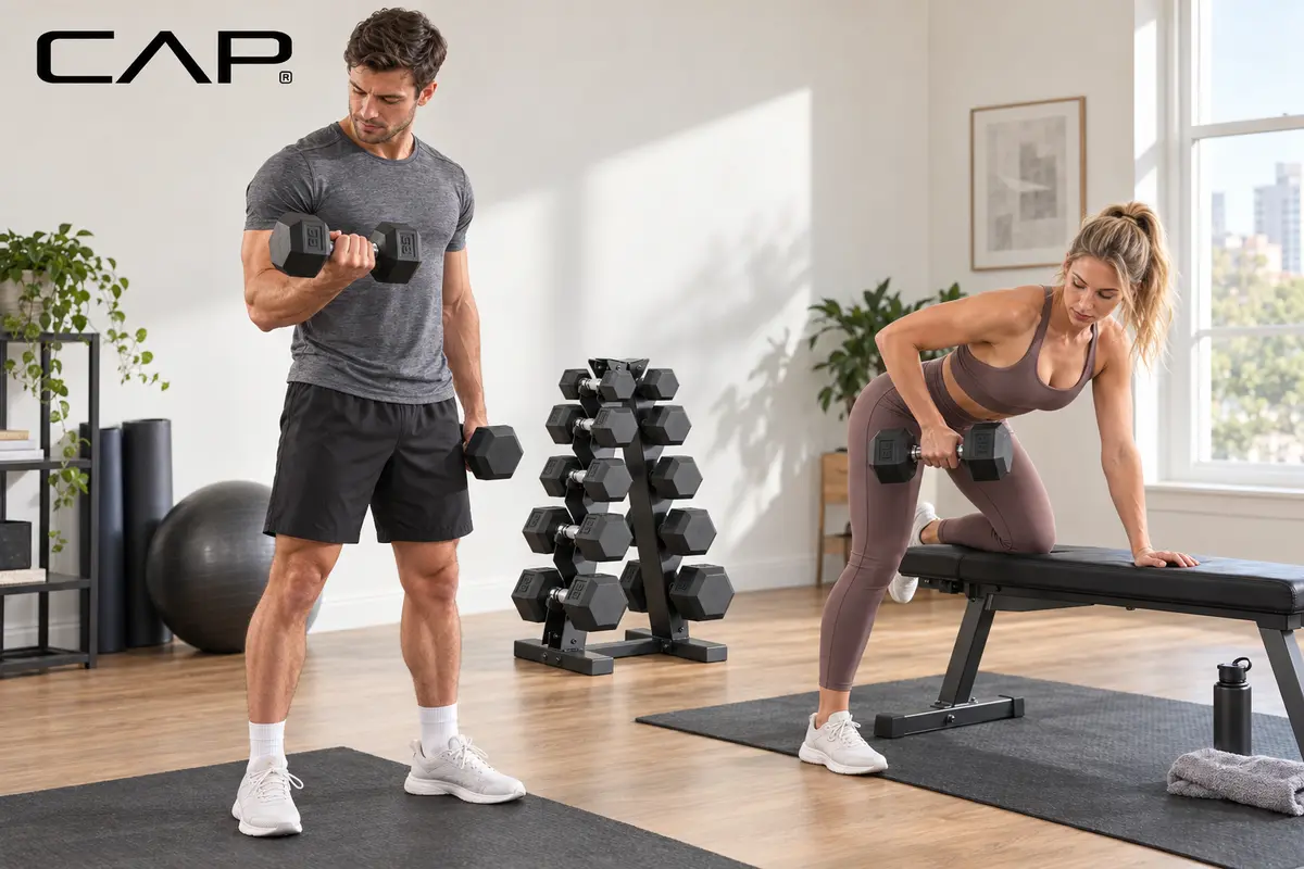 CAP 150-pound dumbbell set organized on its rack in a compact home gym
