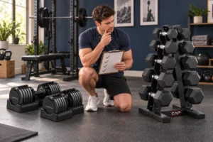 Home gym owner choosing between adjustable dumbbells and a fixed dumbbell set