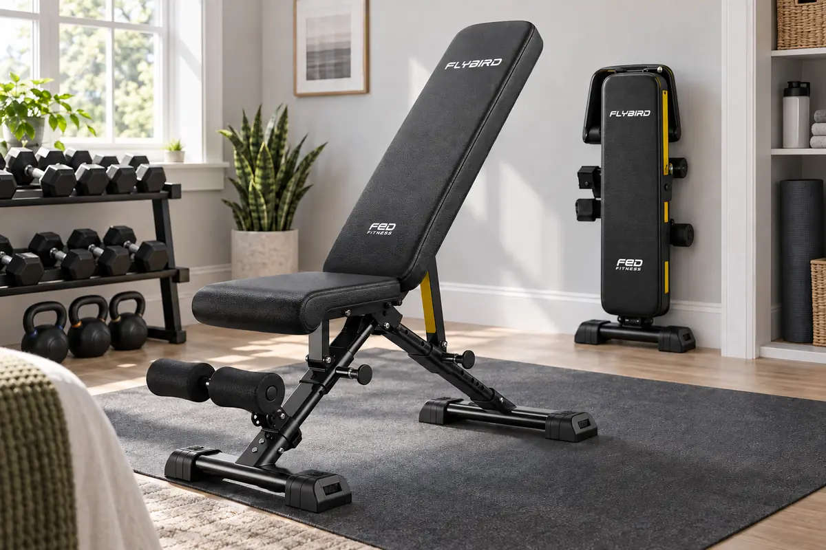 FED Fitness FLYBIRD WB5 adjustable bench shown open and folded in a small home gym