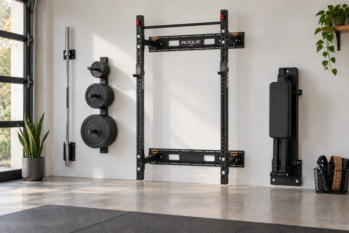 Folded wall rack with a separately stored barbell, plates, folding bench, and cable attachments