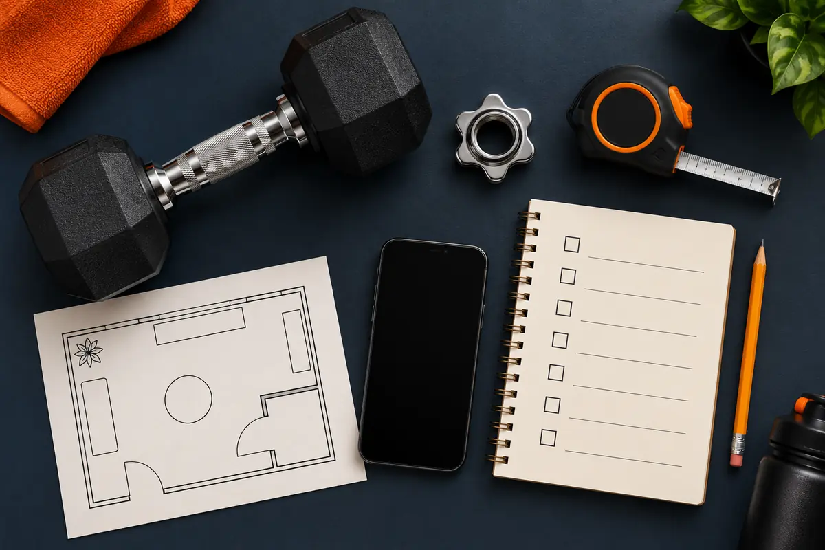 Home gym dumbbell buying checklist with measurements and weight notes