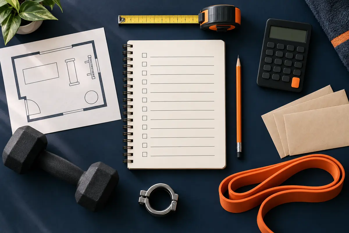 Home gym equipment buying checklist with room measurements and budget plan