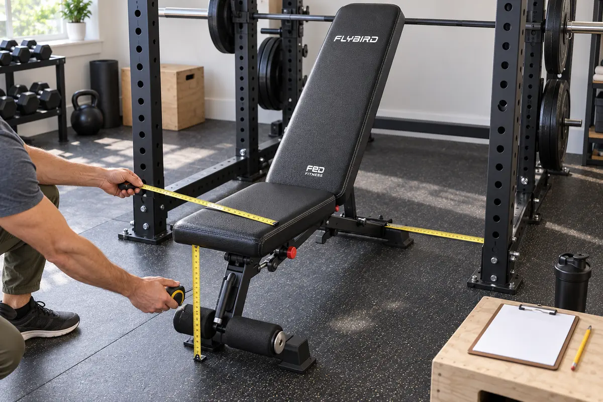 Home gym weight bench buying checklist with measurements and rack clearance