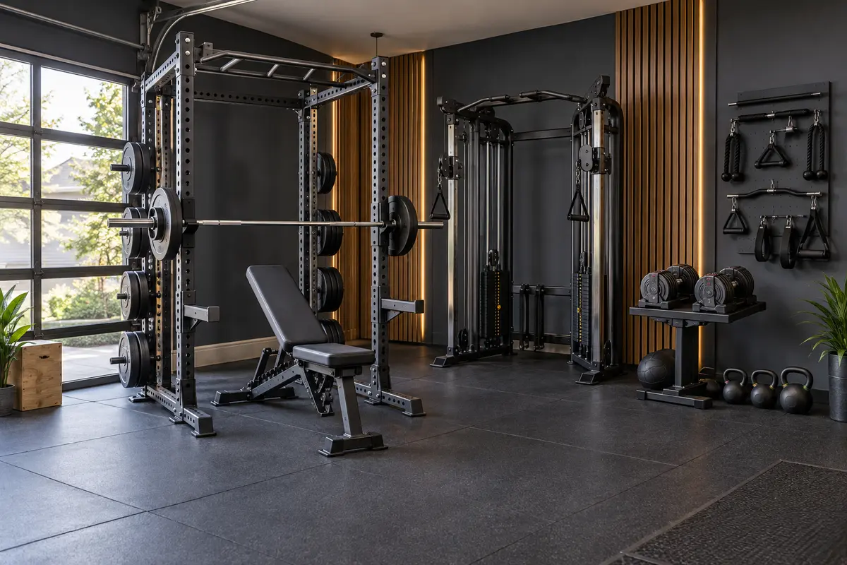 Hybrid home gym with a cable trainer, rack, barbell, bench, dumbbells, and organized plates