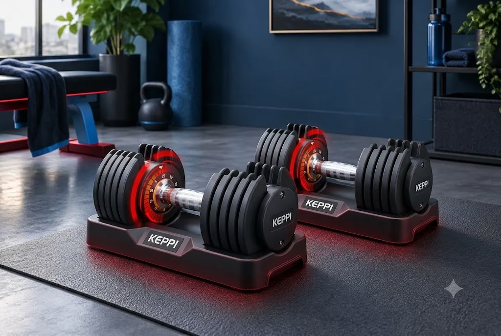 Keppi 25 pound adjustable dumbbell pair with fast-adjust handles and compact trays