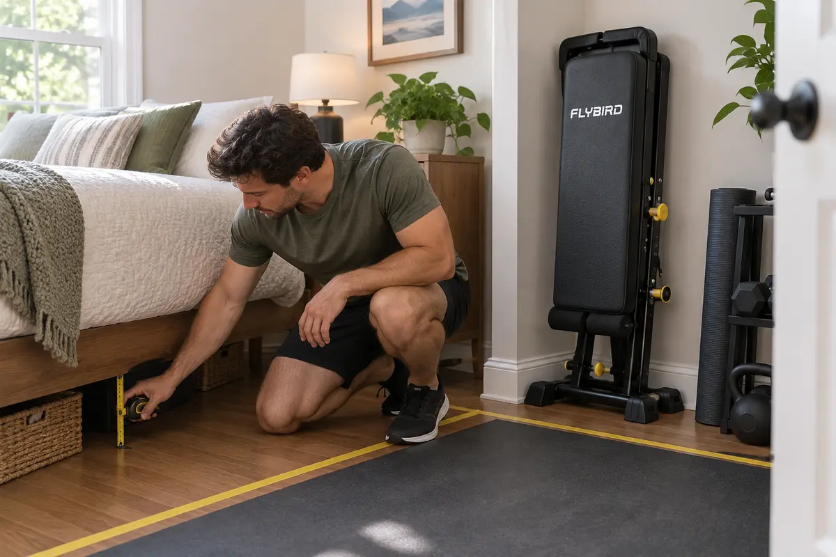 Tape measure checking folded bench clearance beneath a bed and open workout space