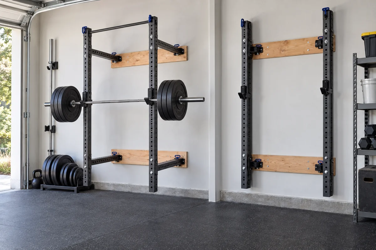 REP PR-4100 wall-mount rack shown open for barbell training and folded back to clear a garage floor
