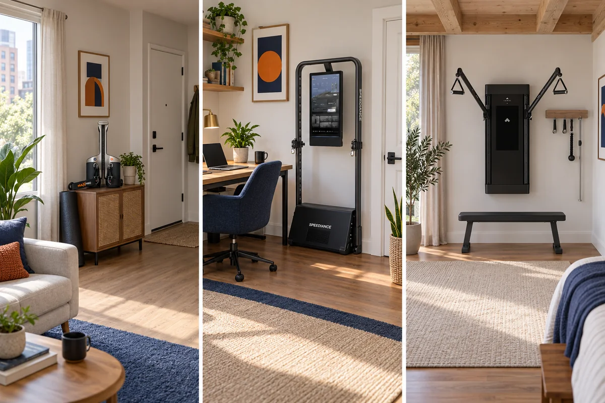 Three realistic compact gym room layouts for a rental apartment, home office, and spare bedroom