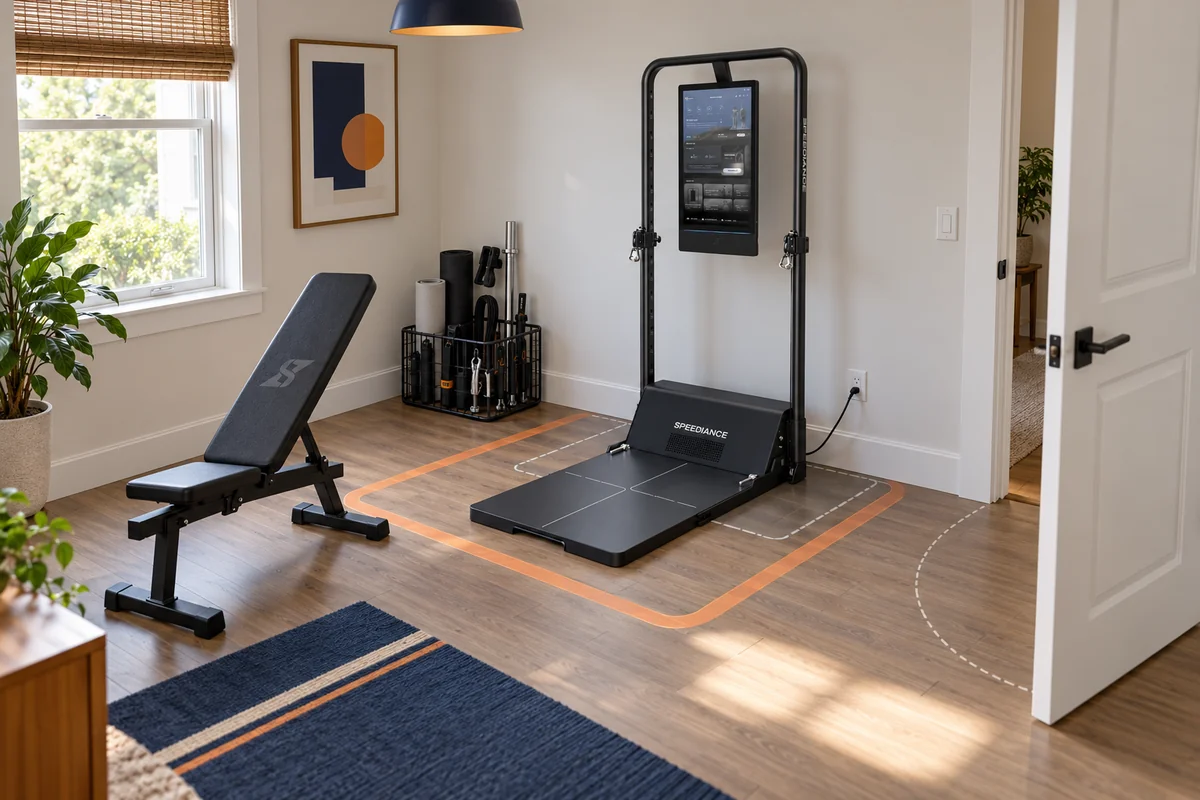 Small home gym layout with measured equipment, movement, bench, cable, and storage clearances