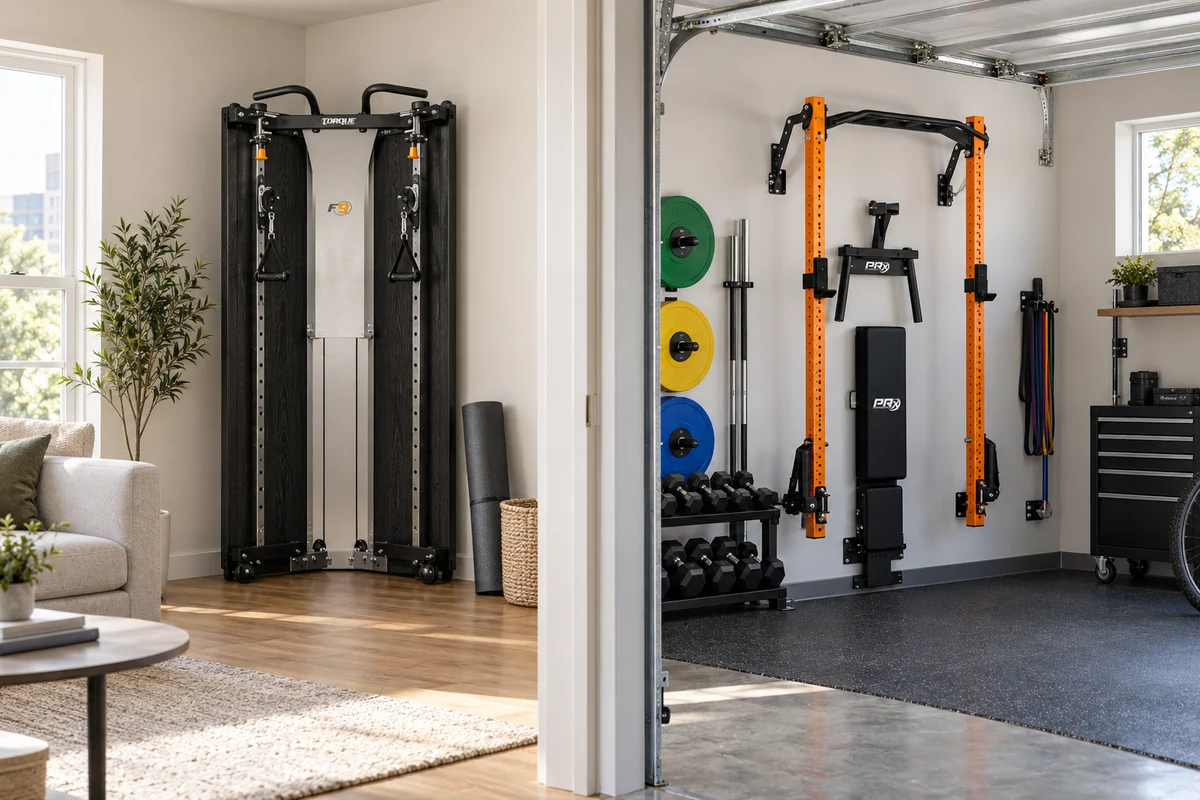 Apartment and garage home gym layouts showing practical folded storage and full-body training clearance