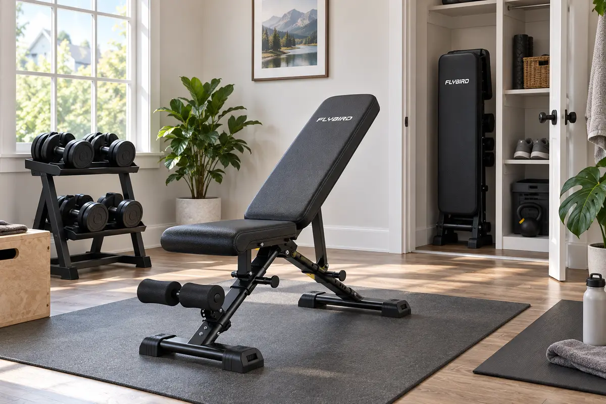 Small home gym showing a folding bench, adjustable dumbbells, clear workout space, and closet storage