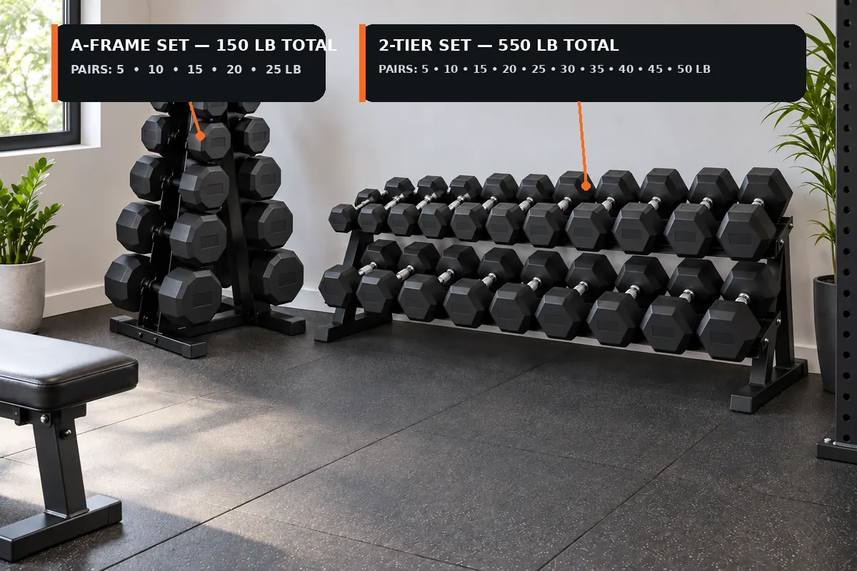 Planning dumbbell rack clearance and floor space in a home gym