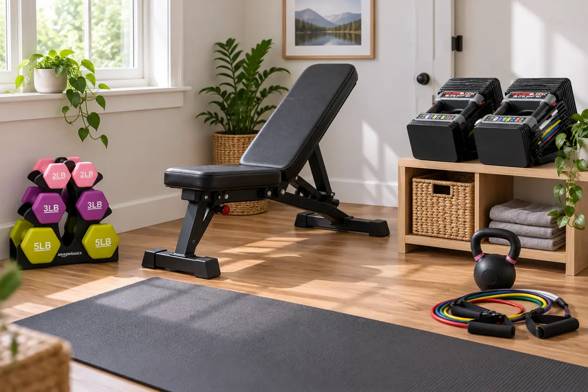 Beginner home gym setup with dumbbells, bench, mat, and resistance bands