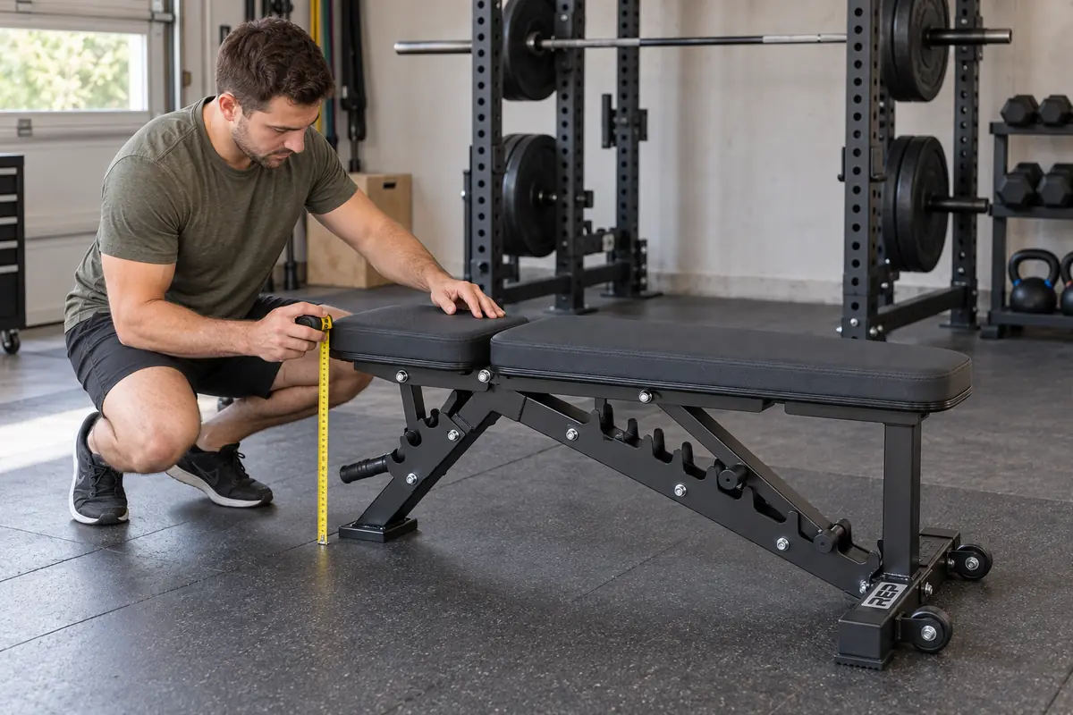 Home gym owner measuring adjustable bench height pad width and rack clearance