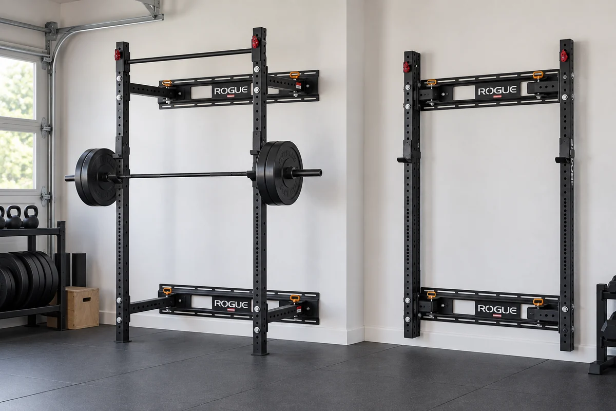 Rogue RML-3W folding wall rack opened for a full-body garage workout and folded flat for storage