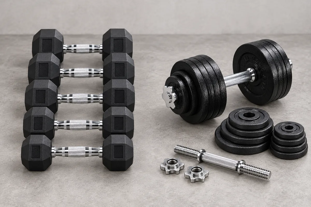 Fixed rubber hex dumbbells beside plate-loaded adjustable dumbbells