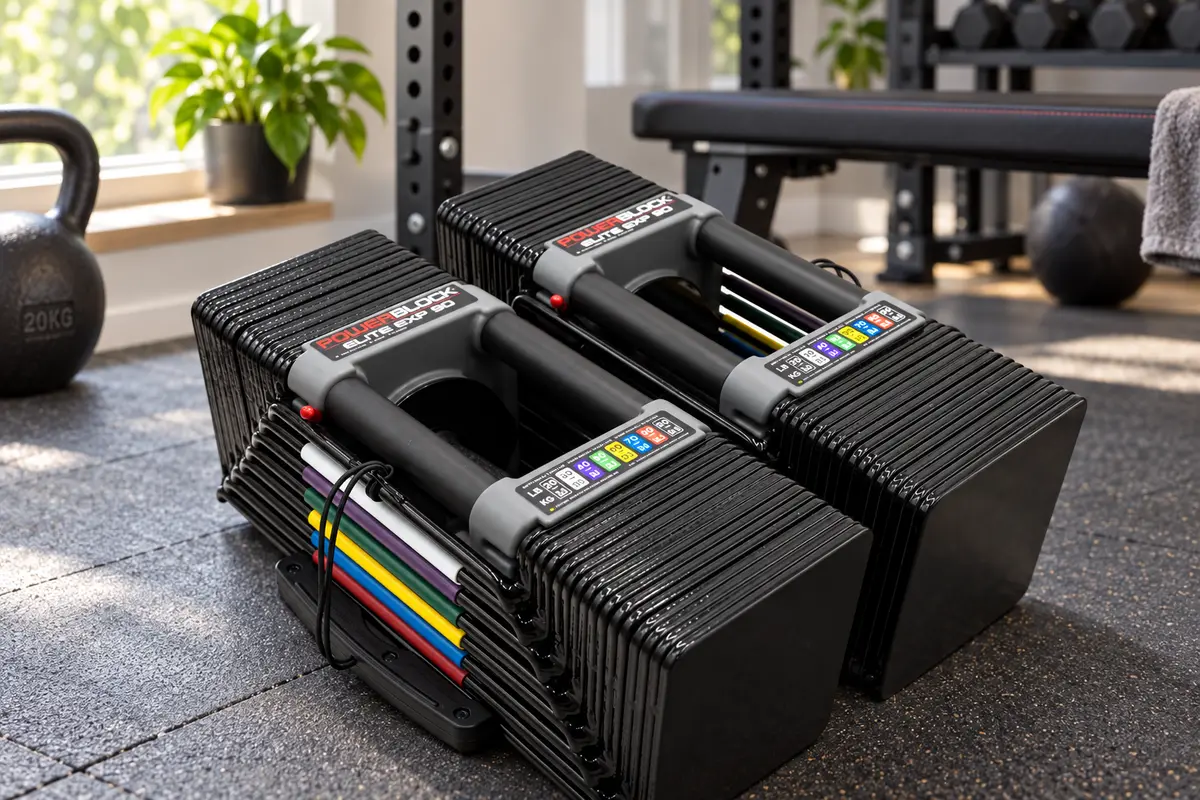 PowerBlock Elite EXP adjustable dumbbells in a compact home gym