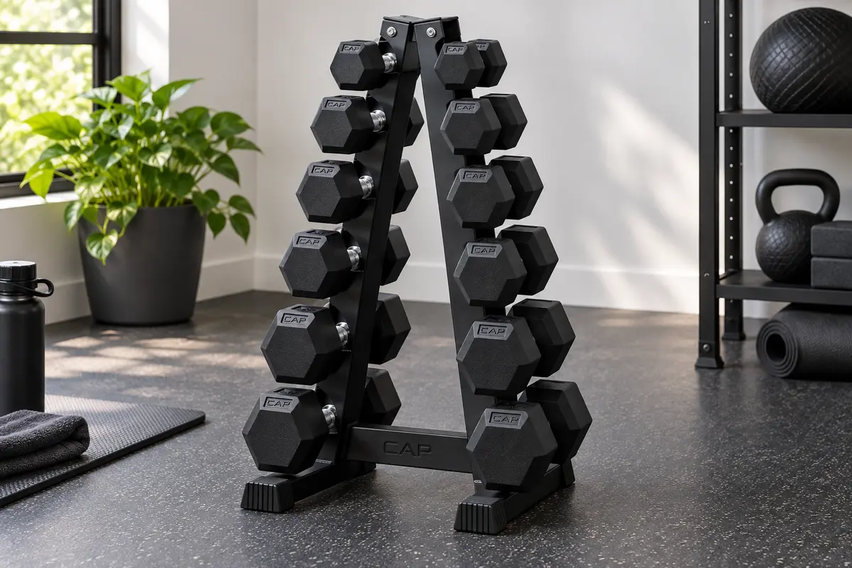 CAP Barbell 150-pound dumbbell set organized on its storage rack