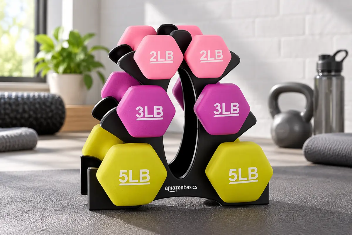 Color-coded neoprene dumbbell hand weights arranged for light workouts