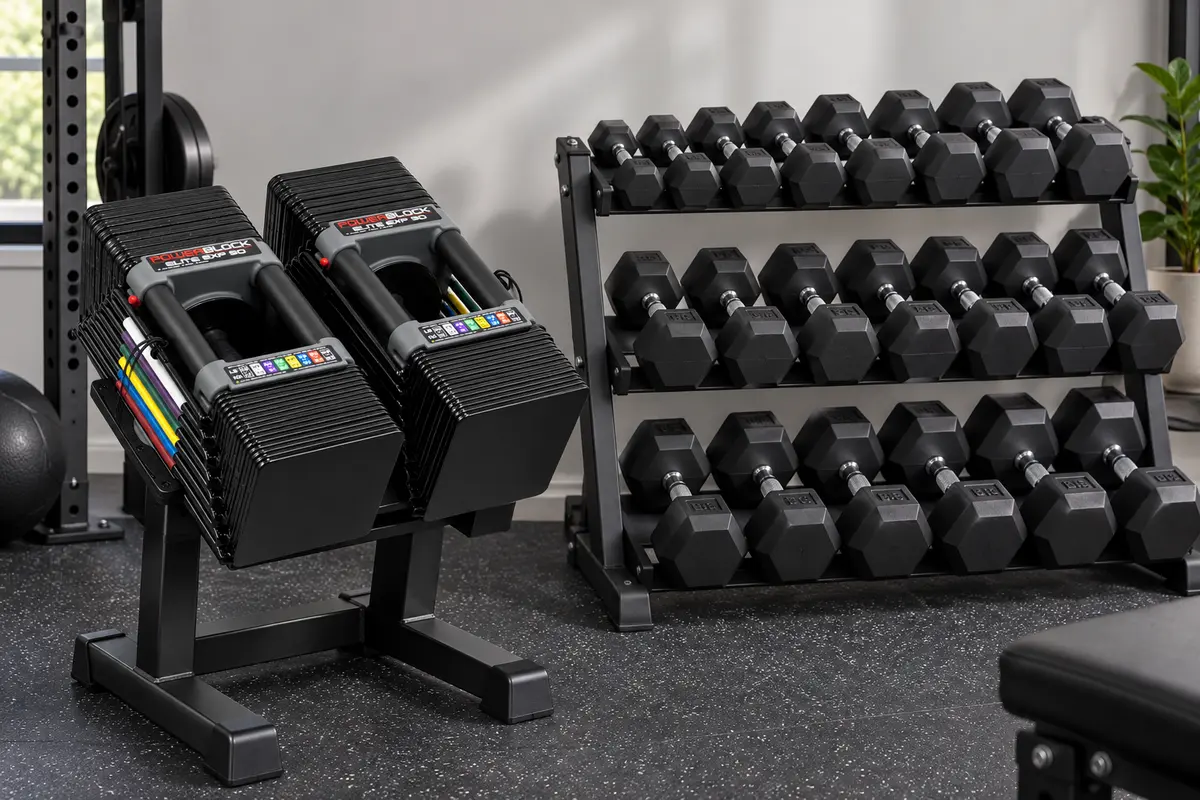 Adjustable dumbbells compared with a rack of fixed dumbbells