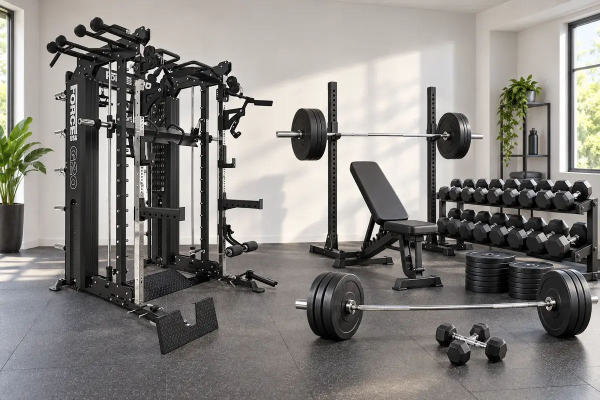 All-in-one home gym machine compared with a free-weight setup