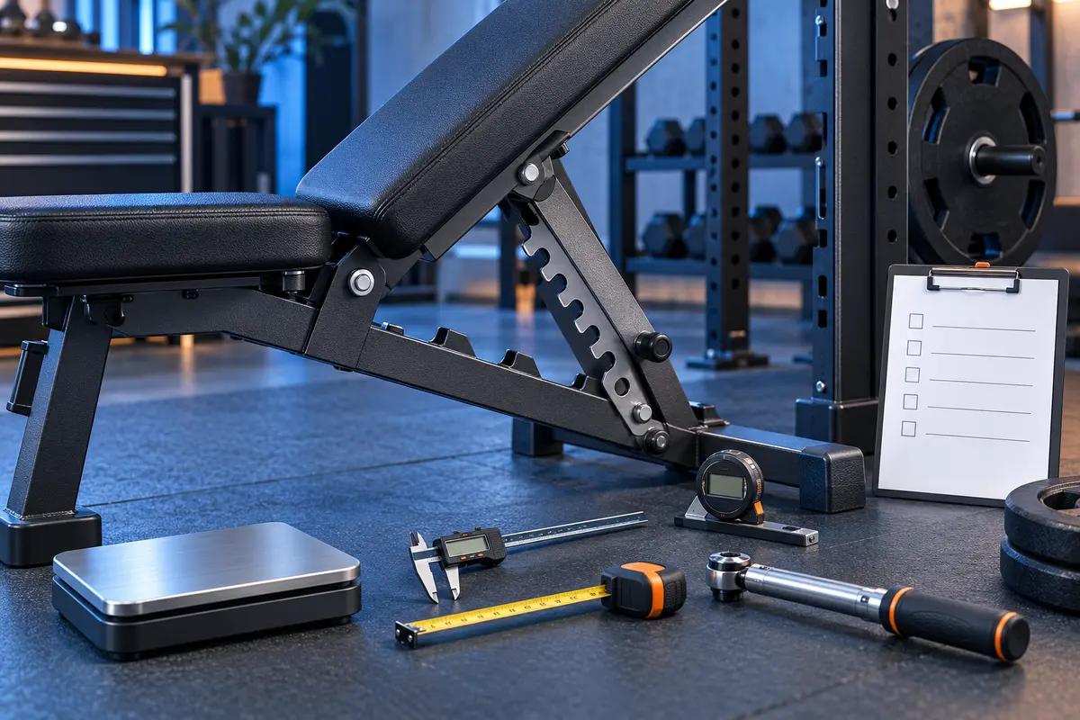 Adjustable weight bench being checked with equipment measurement tools