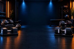 Premium adjustable dumbbells arranged in a modern compact home gym