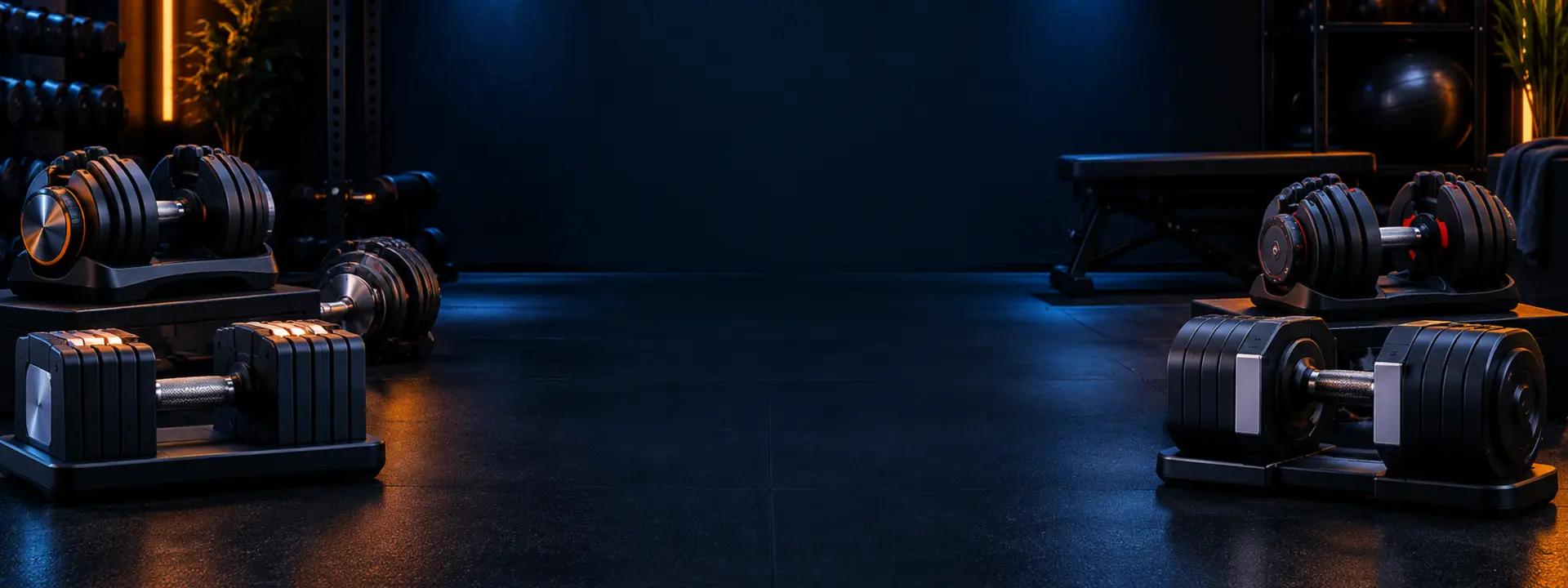 Premium adjustable dumbbells arranged in a modern compact home gym