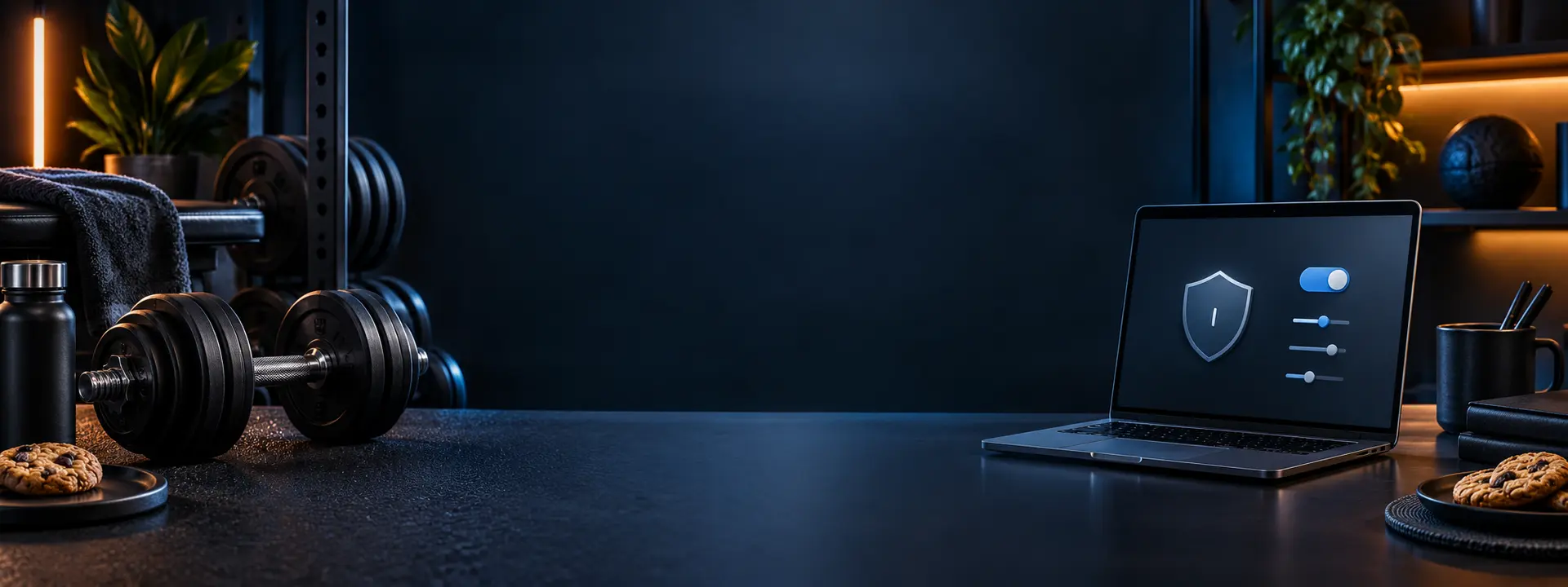Privacy-focused browser cookie controls in a modern home gym workspace