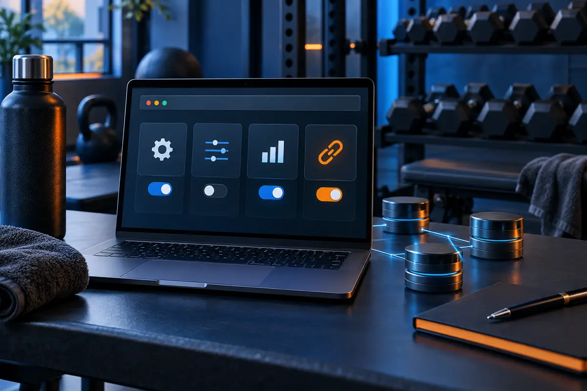 Browser cookie categories and privacy controls beside gym research equipment