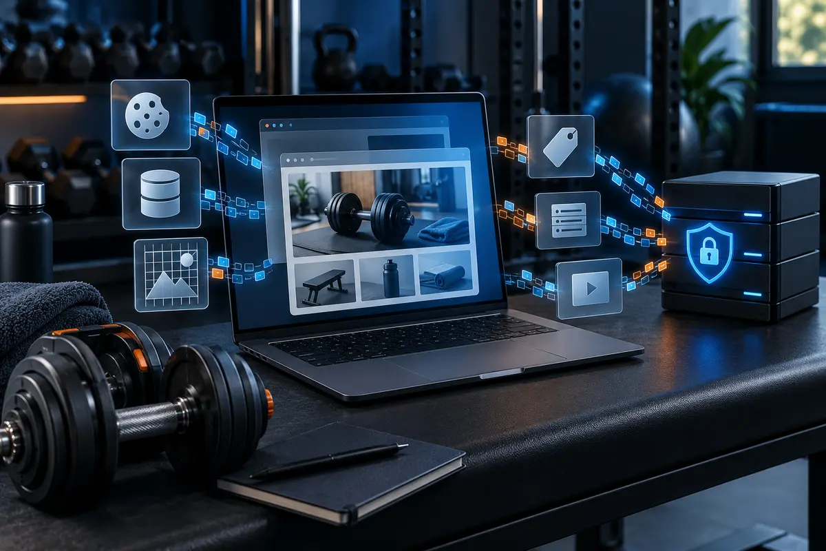 Browser cookies and privacy controls represented beside gym research equipment