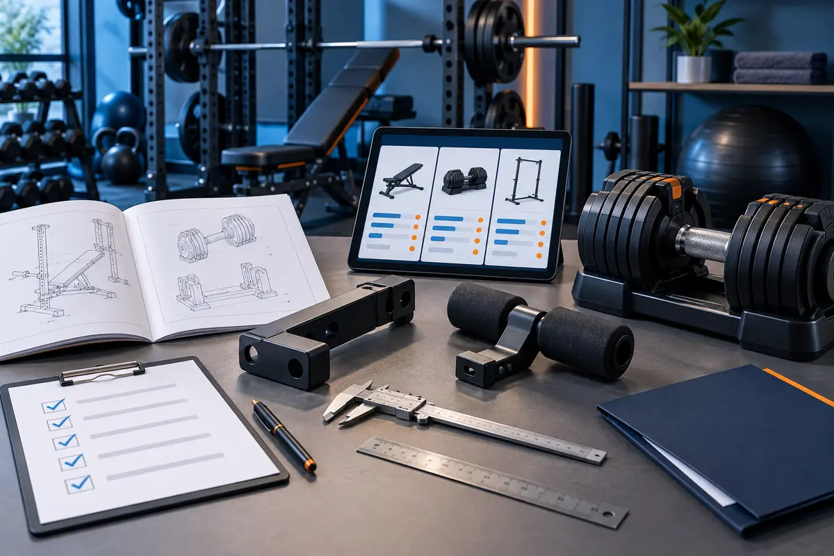 Gym equipment specifications being checked against measurements and documentation