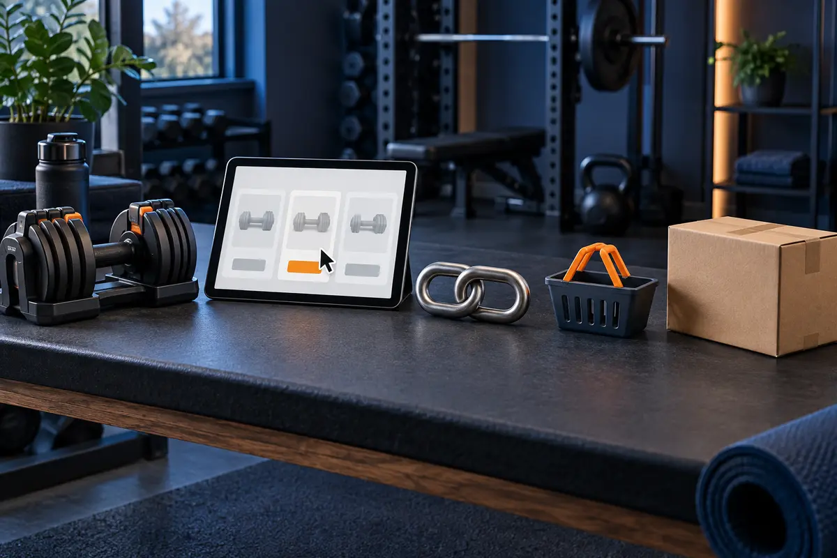 Gym equipment shopping journey illustrating how an affiliate link works
