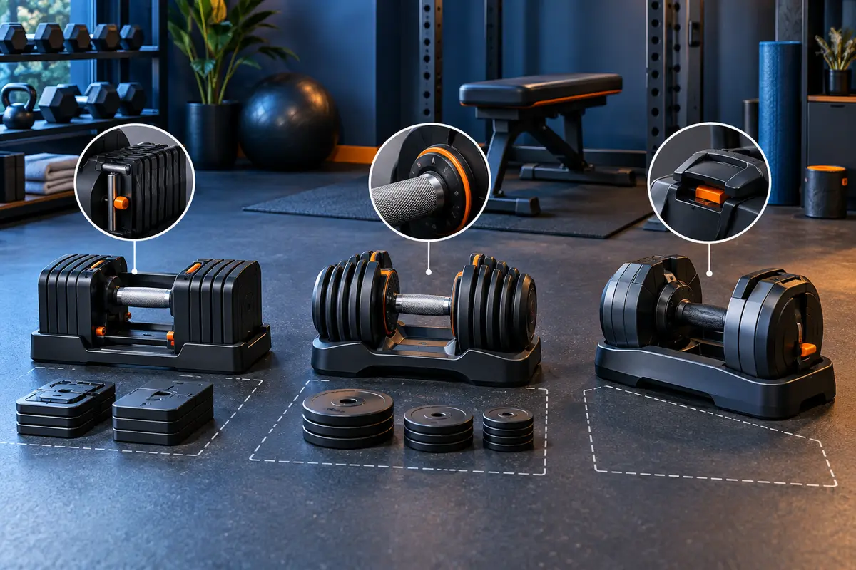 Measuring adjustable dumbbell range tray footprint increments and locking safety