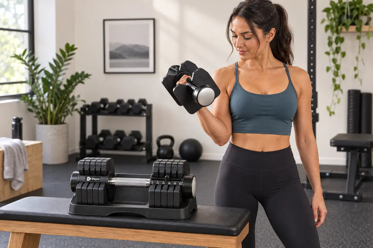 Lifepro 5 to 55 pound adjustable dumbbells with quick-adjust dial and storage bases