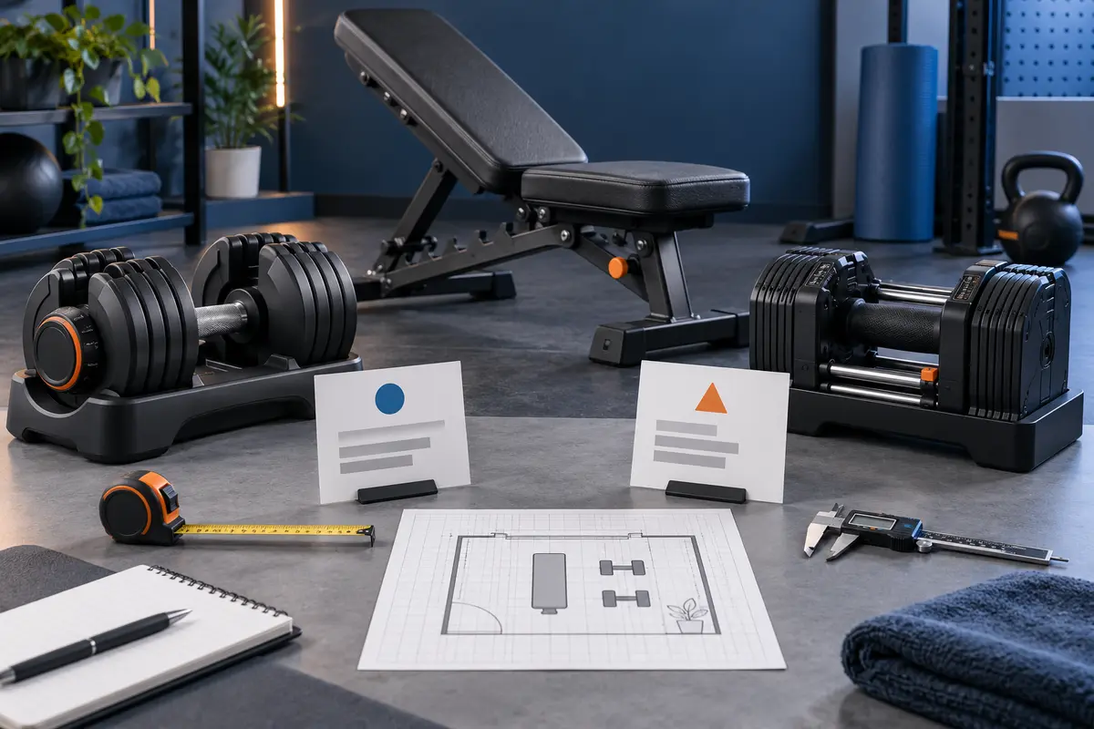 Home gym equipment arranged to compare size, features, and storage needs