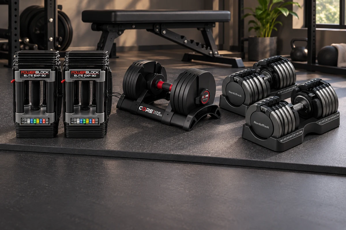 Adjustable dumbbell pairs and a workout bench in an organized home gym