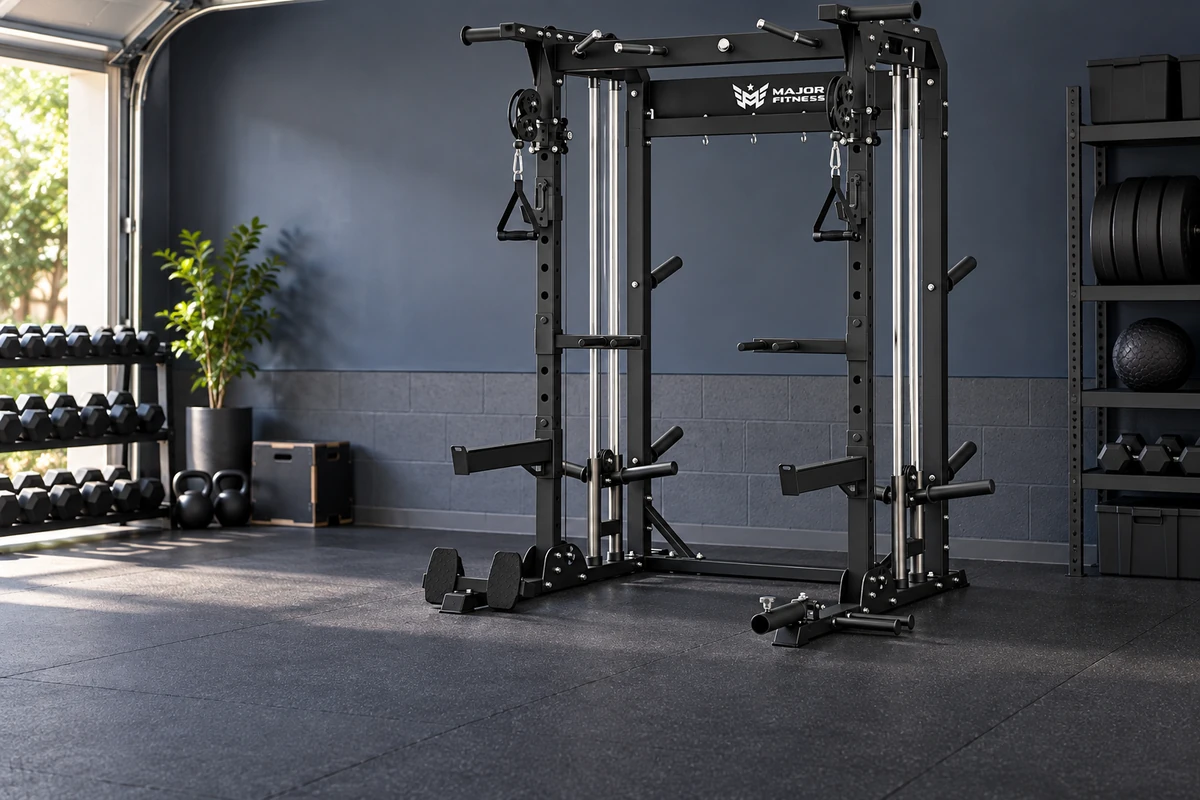 Full power rack with a barbell, bench, and neatly stored plates in a home garage gym
