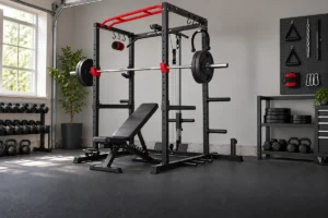 Budget power cage with a barbell and bench in an organized home garage gym